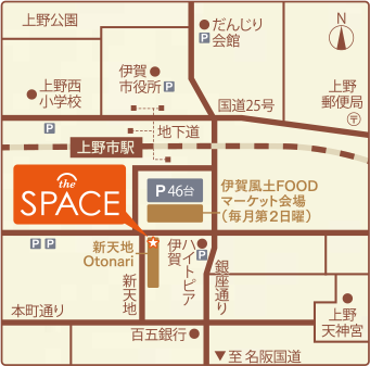 the SPACEのアクセスマップです。三重県伊賀市上野丸之内23 新天地Otonari A　伊賀鉄道「上野市」駅から南へ徒歩1分です。